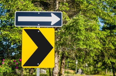 Tek yön işareti ve güneşli bir yaz sabahı arka planda ağaçlarıyla bir eğri uyarı işareti. Vancouver Adası, Bc, Kanada.