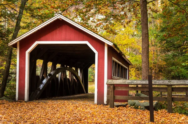 Sonbahar Bir Ormanda Bir Kırmızı Ahşap Kaplı Köprü Görünümünü Southford — Stok fotoğraf