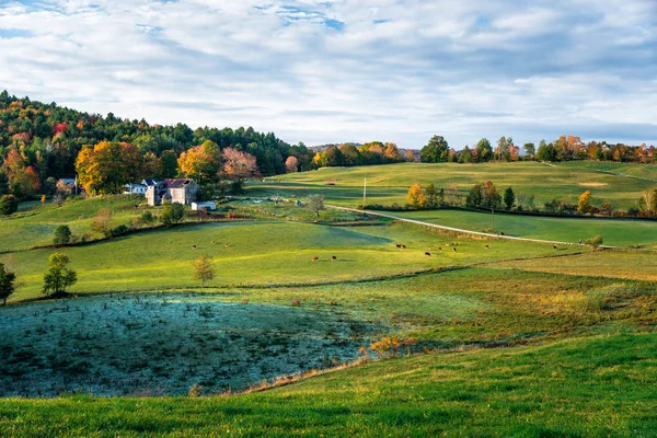 Idyllische Ländliche Landschaft Vermont Bei Sonnenaufgang Schöne Herbstfarben Woodstock Usa — Stockfoto