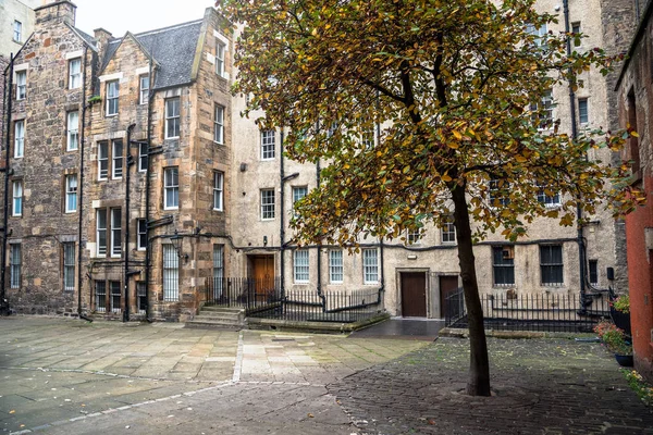 传统的石制住宅建筑围绕着鹅卵石广场 前景一片五彩缤纷的秋天树 爱丁堡旧城 苏格兰 — 图库照片