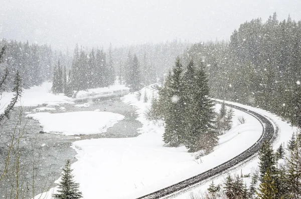 在一场大雪中 铁路沿着山中的一条河运行 Banff National Park Canada — 图库照片