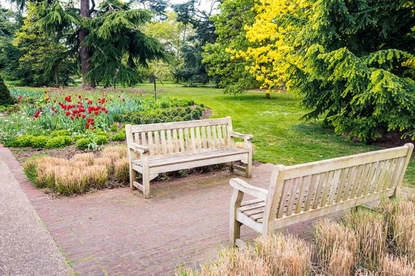 Dwie Puste Drewniane Ławki Zwrócone Siebie Parku Wiosenny Dzień Londyn — Zdjęcie stockowe