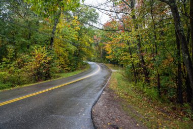 Winding road through a deciduous forest in the countryside of Vermont on a rainy autumn day clipart