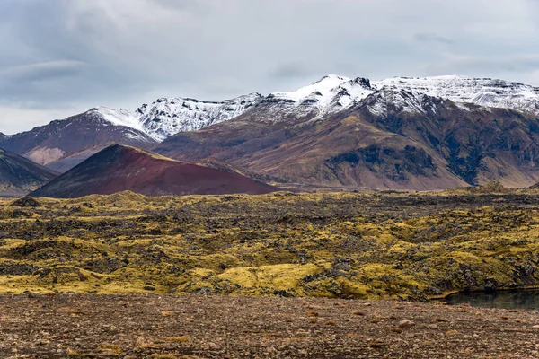 Dramatische Vulkanlandschaft Mit Einem Mit Moos Bedeckten Lavafeld Und Schneebedeckten — Stockfoto