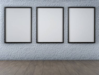 Beyaz boş Poster eski tuğla duvar ve ahşap zemin Oda. 3D