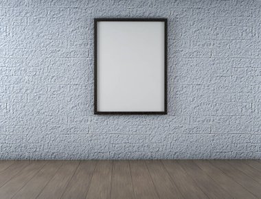 Beyaz boş Poster eski tuğla duvar ve ahşap zemin Oda. 3D