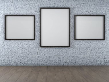 Beyaz boş Poster eski tuğla duvar ve ahşap zemin Oda. 3D