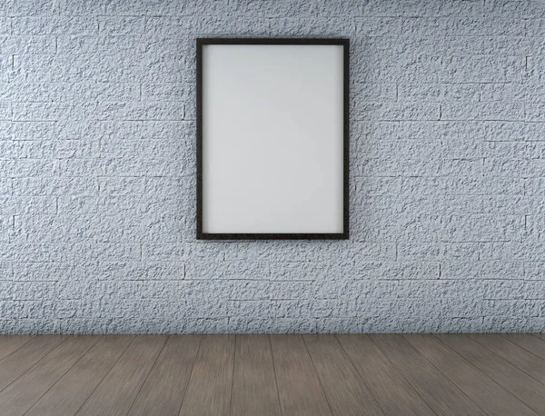 Cartaz branco em branco na parede de tijolo velho e sala de piso de madeira. 3d — Fotografia de Stock