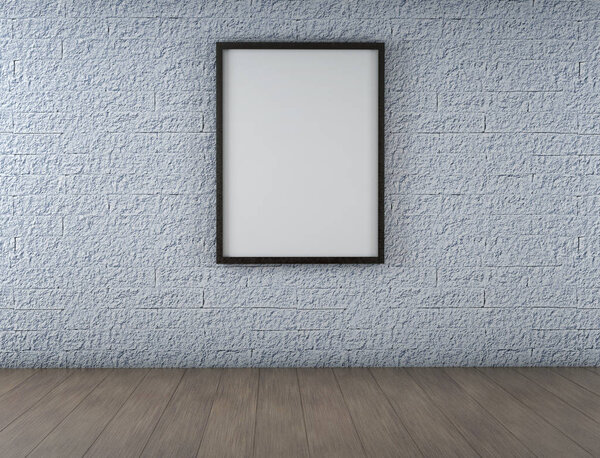 White Blank Poster in old brick wall and wooden floor room.