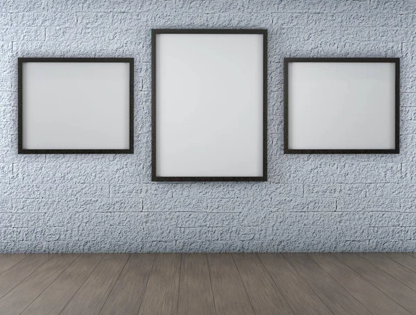 Witte lege Poster in oude bakstenen muur en houten vloer kamer. 3D — Stockfoto