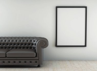 Beyaz Oda ahşap zemin ile deri kanepe. 3D