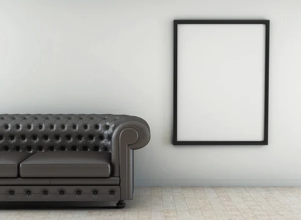 Шкіряний диван у білій кімнаті з дерев'яною підлогою. тривимірний — стокове фото