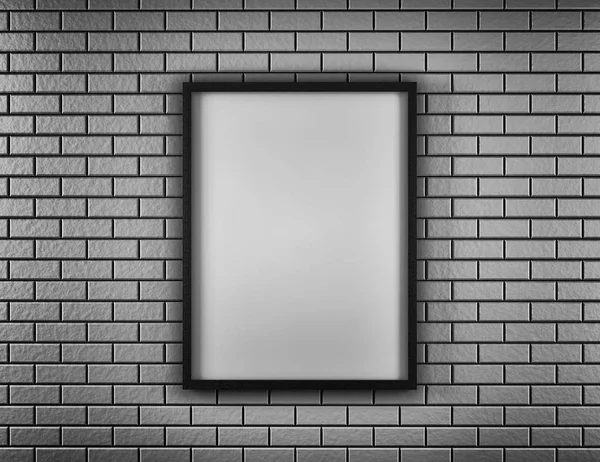 Witte lege Poster in de bakstenen muur en houten vloer kamer. Monochrom. 3D — Stockfoto