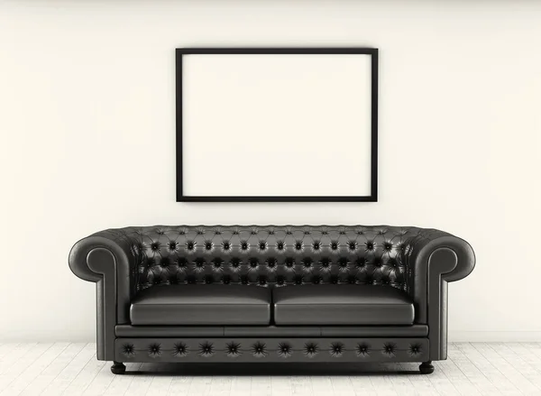 Шкіряний диван у білій кімнаті з дерев'яною підлогою. 3D візуалізація — стокове фото