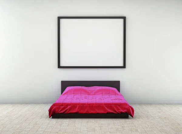 Marco cuelga en la pared sobre una cama. Burlarse. 3d renderizar — Foto de Stock