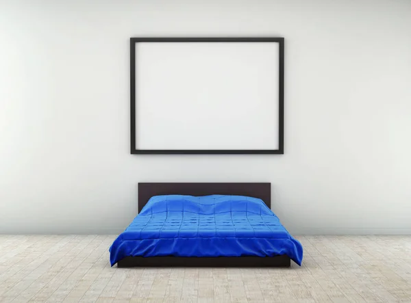 Marco cuelga en la pared sobre una cama. Burlarse. 3d renderizar — Foto de Stock