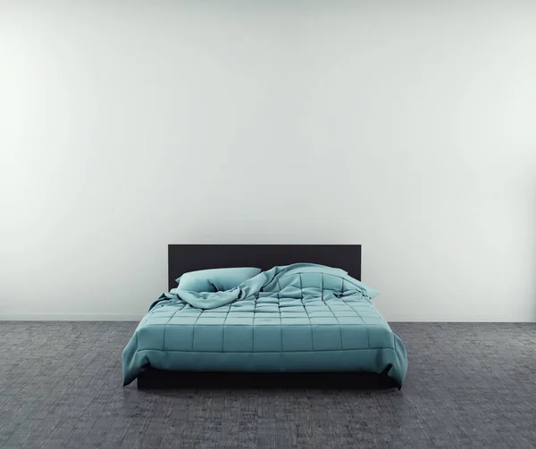 Modernes Bett in einem großen Zimmer in der Nähe der leeren Wand. Attrappe. 3D-Darstellung — Stockfoto