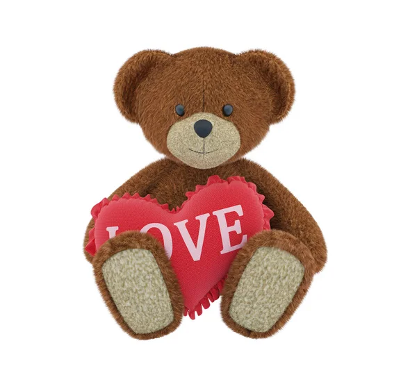 Teddy bear holding a heart-shaped pillow. 3d render — Stock Photo, Image