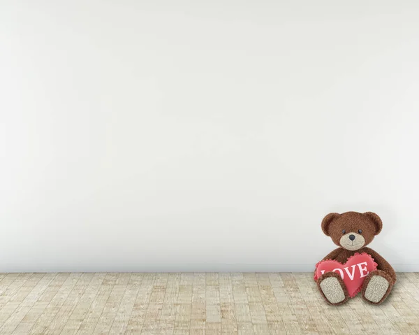 Bär sitzt mit Herz auf dem Boden. 3D-Darstellung — Stockfoto