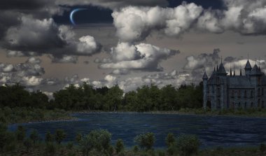 mistik Kalesi göl kenarında. 3D render