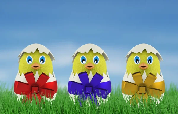 Gelbes Huhn im Osterei. 3D-Darstellung — Stockfoto