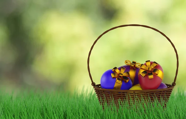 Panier d'œufs de Pâques dans l'herbe verte fraîche. 3d rendu — Photo
