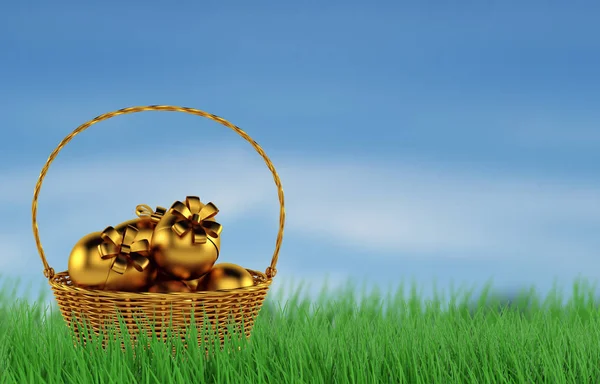 Panier d'œufs de Pâques dans l'herbe verte fraîche. 3d rendu — Photo