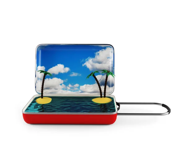Open suitcase with a tropical island inside. 3d render — Stock Photo, Image