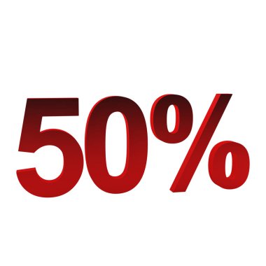 %50 indirimli, 3d render. Beyaz izole