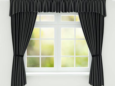 Penceresinde siyah perde. 3D render