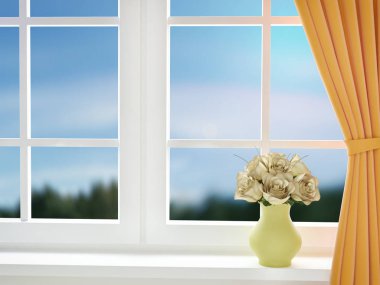 Pencerenin yakınındaki cam vazoda yaz gül buketi. 3D render