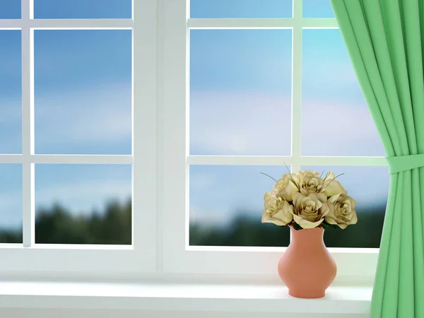 Pencerenin yakınındaki cam vazoda yaz gül buketi. 3D render — Stok fotoğraf
