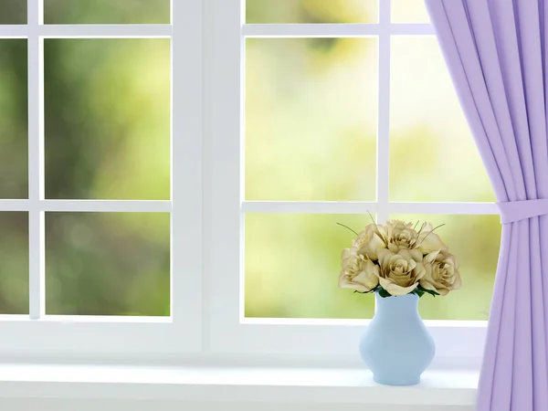 Pencerenin yakınındaki cam vazoda yaz gül buketi. 3D render