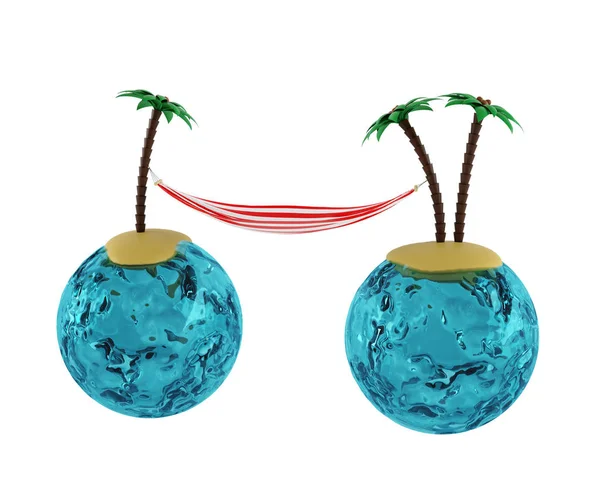 Dva ostrovy s palmami a houpací síť. 3D vykreslování — Stock fotografie