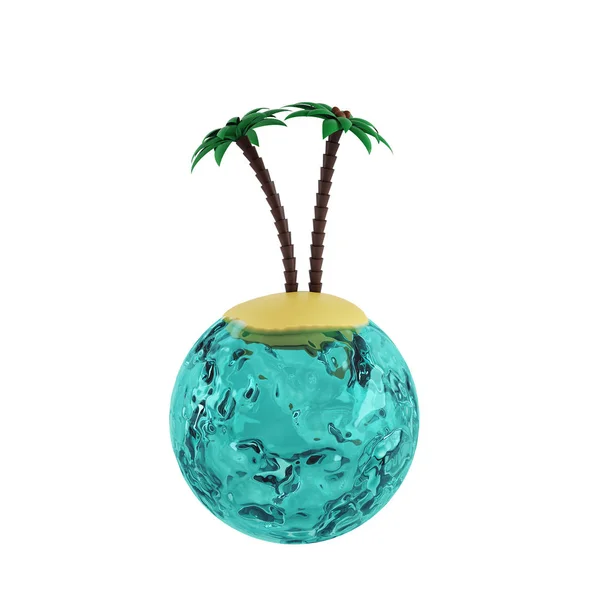 Svět vody a ostrov s palmami. 3D vykreslování — Stock fotografie