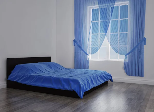 Moderní postel ve velké místnosti prázdné zdi. Maketa. 3D vykreslování — Stock fotografie
