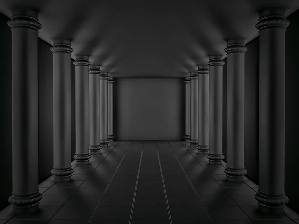 Een reeks zwarte kolommen in de ringvormige hall. 3D render — Stockfoto