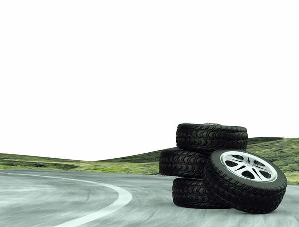 Four automobile wheels on the road. isolated. 3d render — Stock Photo, Image