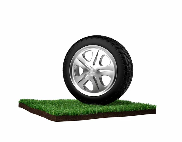 Neumático de un solo coche en el césped. aislado en blanco. 3d renderizar —  Fotos de Stock