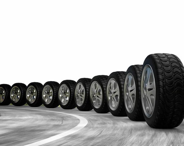 Row of automobile wheels rush on the road. isolated. 3d render — Stock Photo, Image