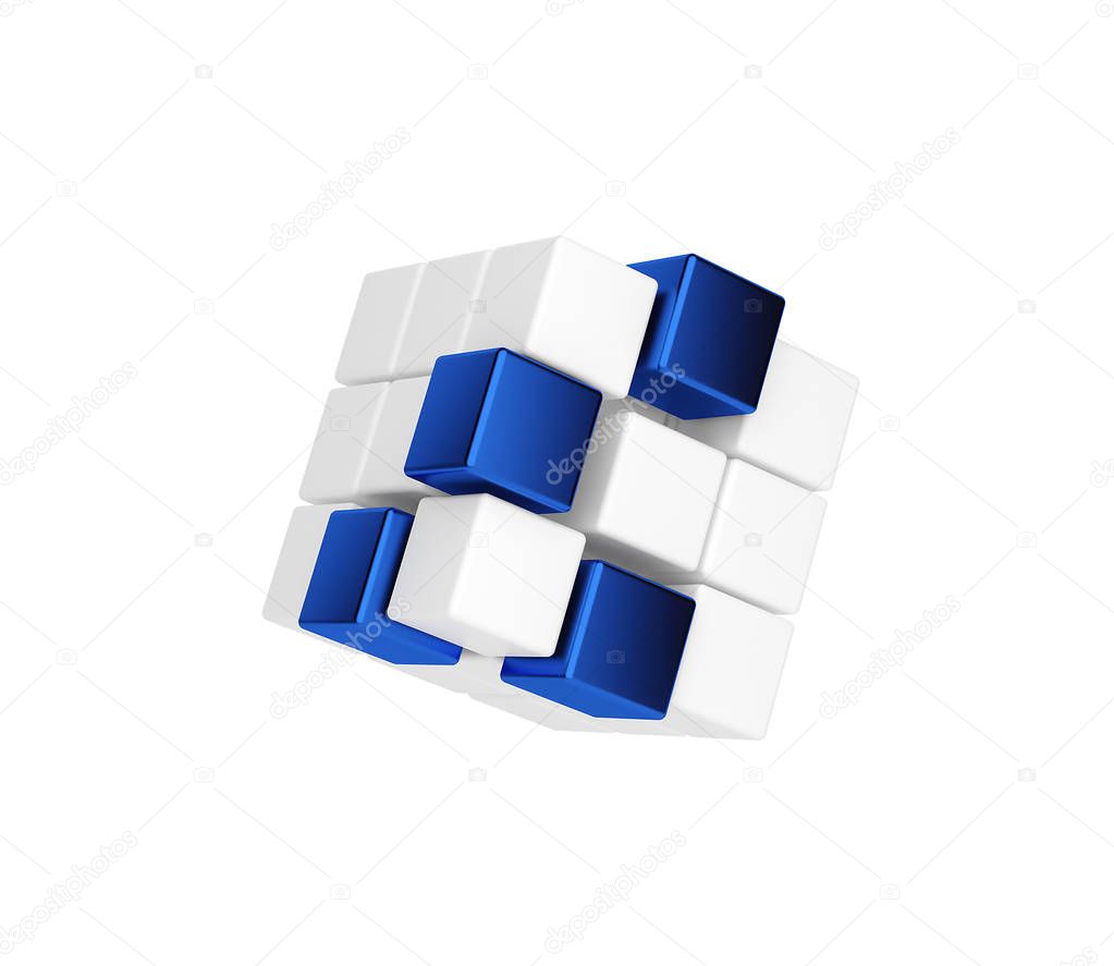 Abstract geometric shape from blue and white cubes. 3d render