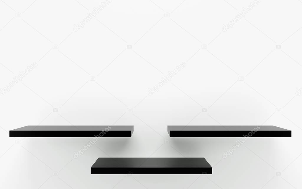 Three black shelf at the wall. 3 d render