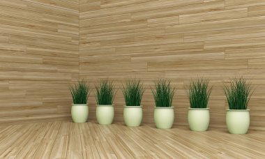 Hafif ahşap zemin üzerinde sarı bitki vazo ile duvar iç. 3D render