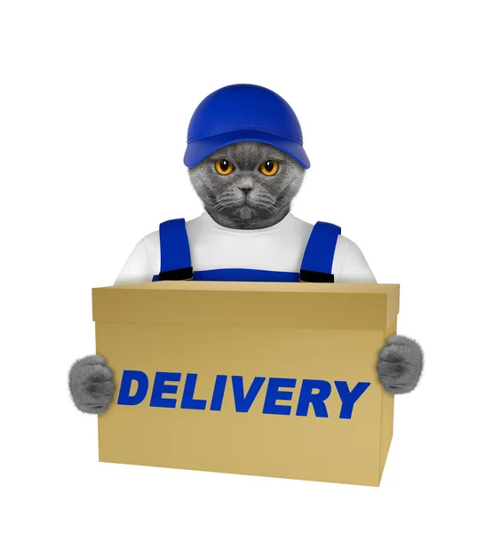 Niedliche Katze Lieferung gelben Briefkasten -- isoliert auf weiß — Stockfoto