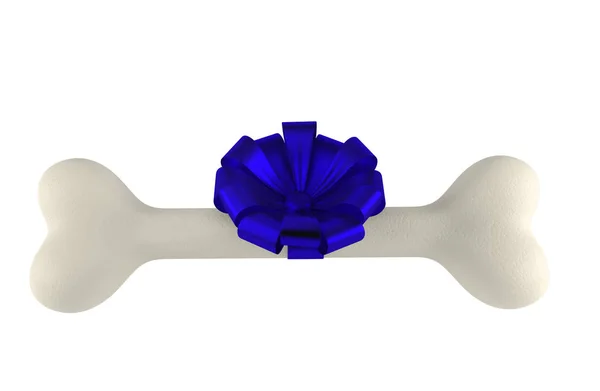 Hond chew bone met blauwe boog-knoop geïsoleerd op een witte achtergrond. 3D render — Stockfoto