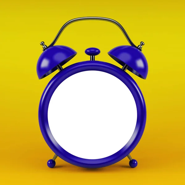 3D ilustracja niebieski błyszczący budzik żółtym tle z miejsca na tekst — Zdjęcie stockowe