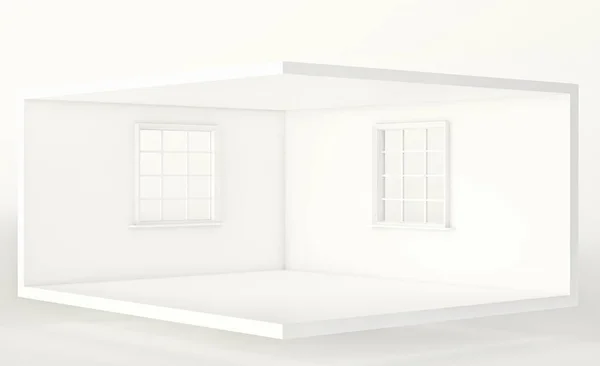 İki pencere, iç tasarım ve dekorasyon için boş beyaz oda. 3D render — Stok fotoğraf