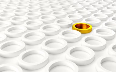 Abstact beyaz modern mimarisi ve arka plan beyaz daireler duvardaki bir altın. 3D render