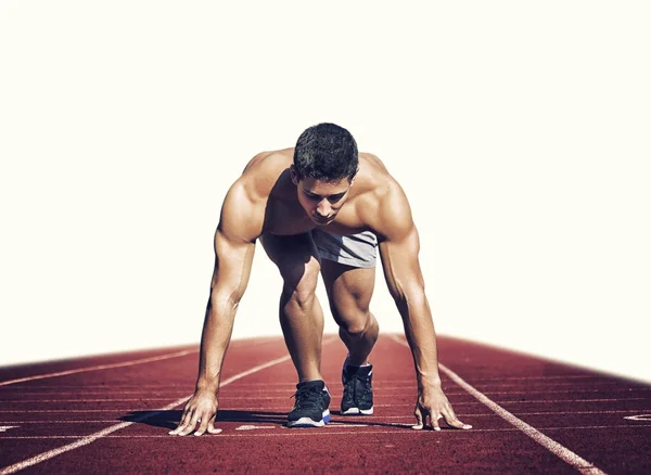 Sport. Jonge loper op de startlijn. Geïsoleerd op wit — Stockfoto