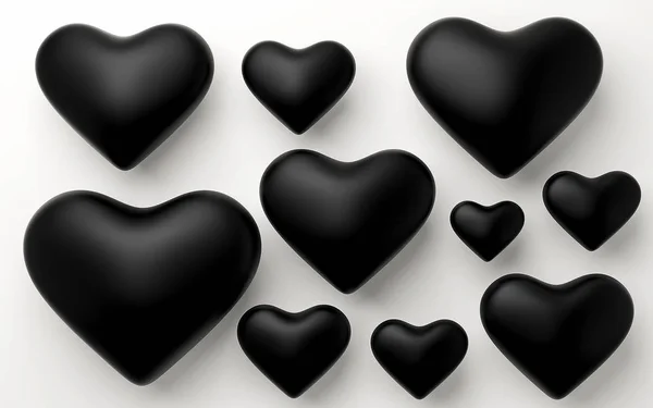 Muitos corações negros no fundo branco. Renderização 3d — Fotografia de Stock